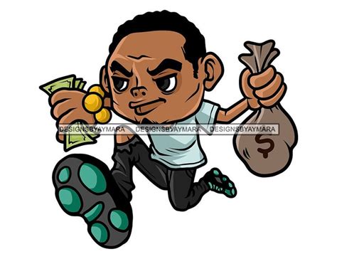 Black Man Cartoon Character Holding Money Bag Cash Running Hustler Grinding Street Dope Boy Trap ...