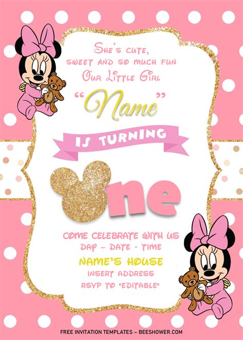 Gold Glitter Minnie Mouse Birthday Invitation Templates - Editable .Docx | Minnie mouse birthday ...