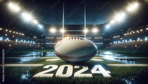 A rugby ball with the year 2024 illuminated on a stadium field at night ...