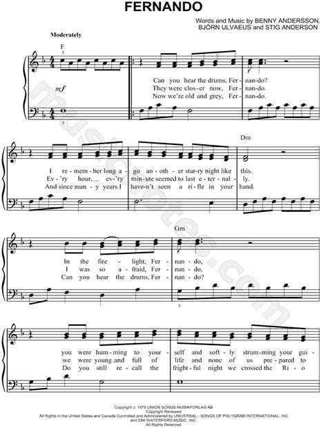 ABBA "Fernando" Sheet Music (Easy Piano) in F Major - Download & Print - SKU: MN0070890