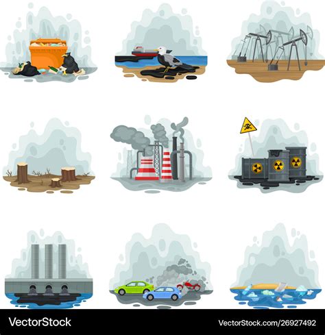 Set types different ways air pollution Royalty Free Vector