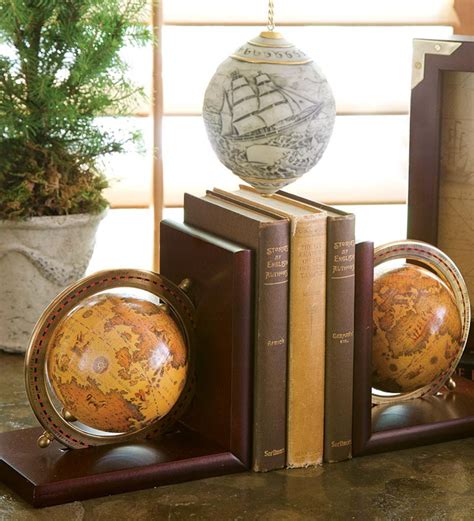 Old World Globe Brass And Wood Bookends | Wind and Weather