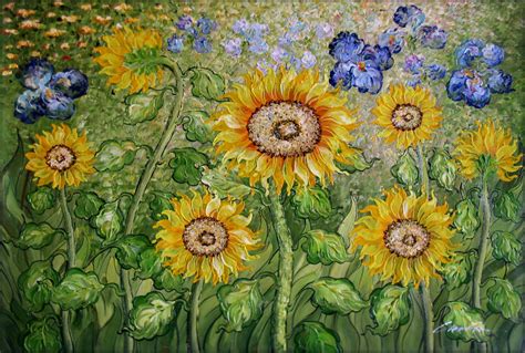 Framed, Van Gogh Sunflowers & Irises Field, Hand Painted Oil Painting ...