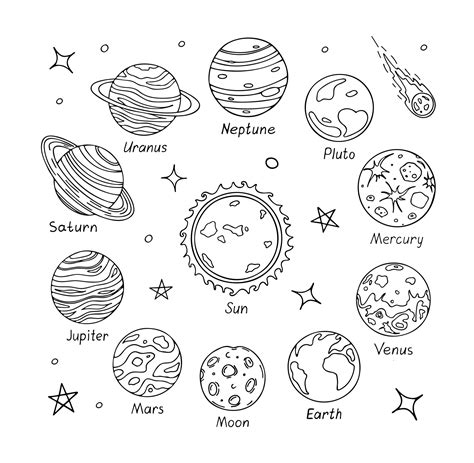 Reihe von Doodle-Planeten isoliert auf weißem Hintergrund. hand ...