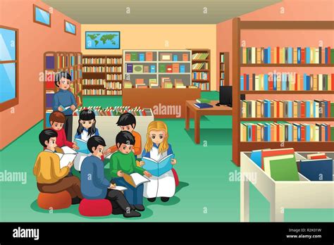 A vector illustration of Group of School Kids Studying in Library Stock ...