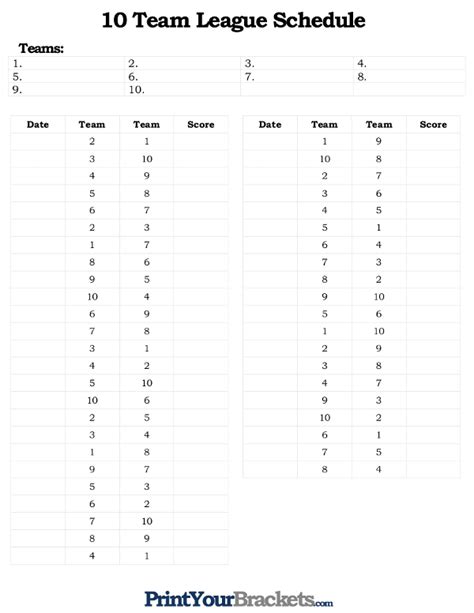 Printable 10 Team League Schedule