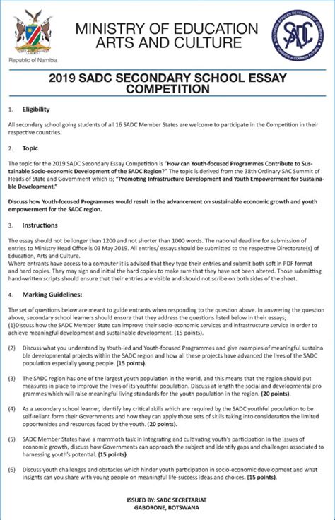 Ministry of Education Namibia - Latest News and Events - 2019 SADC SECONDARY SCHOOL ESSAY ...