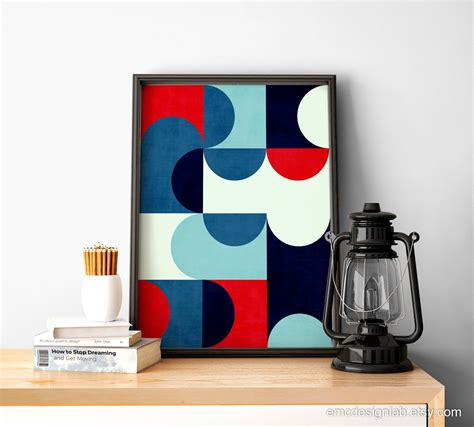 Geometric Wall Art in Red Blue & White Colors, Semicircles Modern Art ...