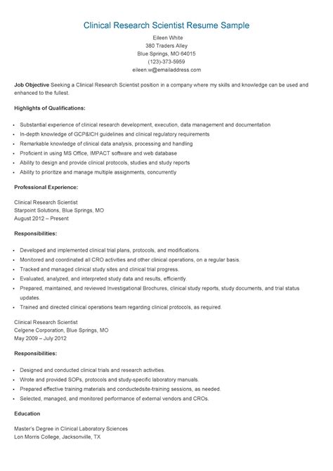 Resume Samples: Clinical Research Scientist Resume Sample