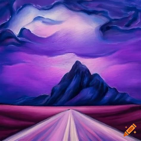 Landscape with mountains, thunderous clouds, and purple tones in oil ...