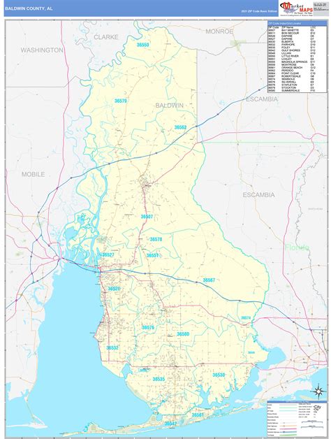 Baldwin County, AL Zip Code Wall Map Basic Style by MarketMAPS - MapSales