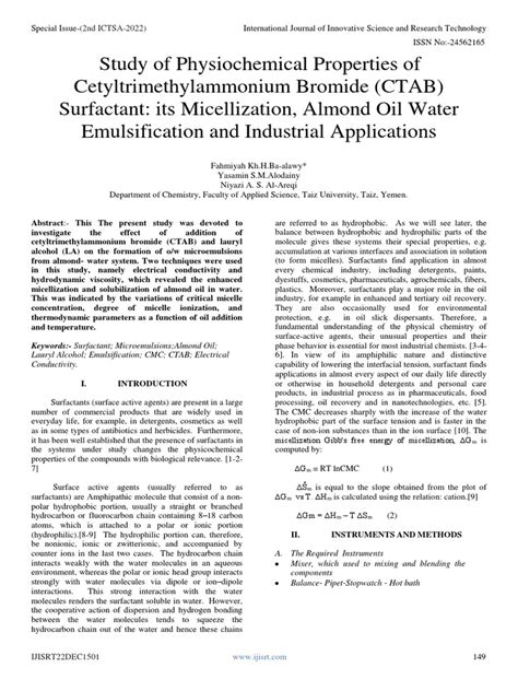 Study of Physiochemical Properties of Cetyltrimethylammonium Bromide (CTAB) Surfactant Its ...