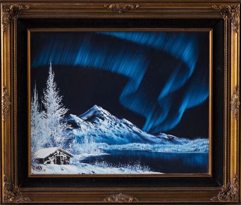 Bob Ross | Bob Ross Signed Original Blue Alaskan Mountain Scene with Cabin and Northern Lights ...