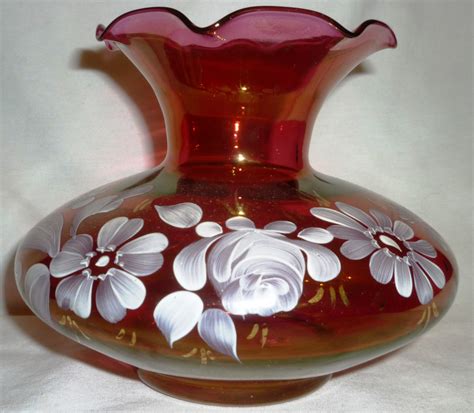 VINTAGE FENTON CRANBERRY GLASS VASE PAINTED FLOWERS ROSES GARDEN ...