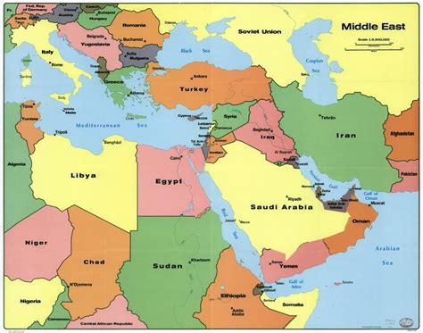 Large scale political map of the Middle East with capitals - 1990 ...