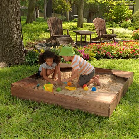 Wooden Backyard Sandbox with Built-in Corner Seating and Mesh Cover ...