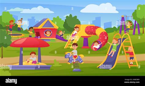 Cartoon kids playing on playground in summer park or kindergarten. Happy children on slide or ...