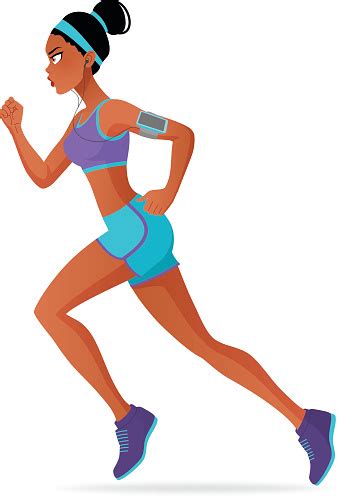 Vector Cartoon Sporty Black Athlete Woman Running Marathon With Headphones Stock Illustration ...