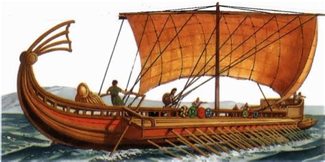 An image of a bireme by Peter Connolly. The bireme and the penteconter were the favorite ...