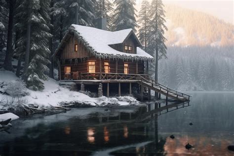 Premium AI Image | A cabin by the lake in winter