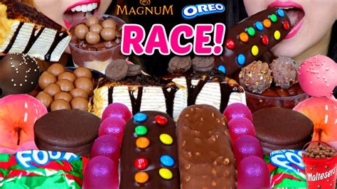 ASMR RACE! MOST POPULAR DESSERTS (OREO CREPE CAKE, MALTESERS PROFITEROLES, CAKE POP, M&M'S, JELLY 먹방