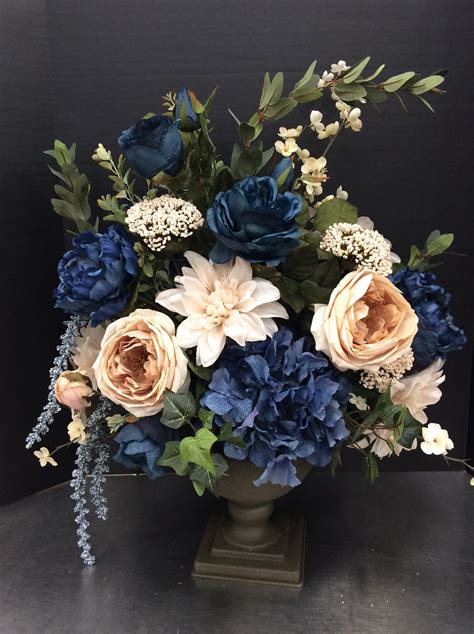 Blue and cream silk floral arrangement | Blue flower arrangements ...