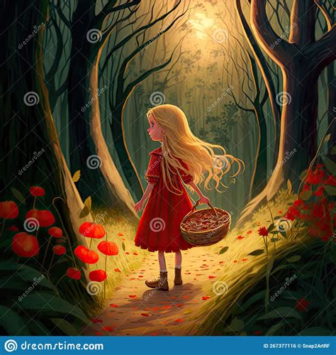 Storybook Art Of Little Girl Wondering Through Scary Forest With Basket Royalty-Free Stock Image ...