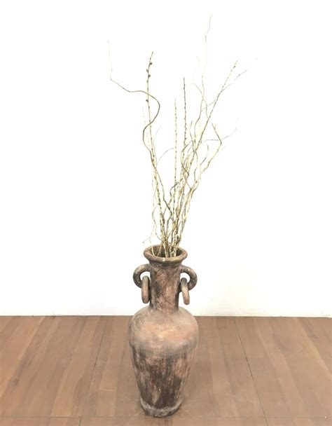 Lot - Rustic Terra Cotta Floor Vase & Stick Arrangement