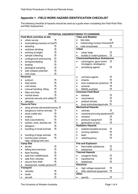 Fieldwork hazard identification checklist