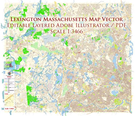 Lexington Area Massachusetts US Map Vector Exact City Plan High Detailed Street Map editable ...