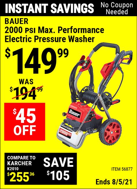 BAUER 2000 PSI Max Performance Electric Pressure Washer for $149.99 – Harbor Freight Coupons