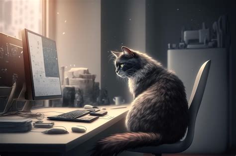 Premium Photo | A cat sits at a desk in front of a computer screen that ...