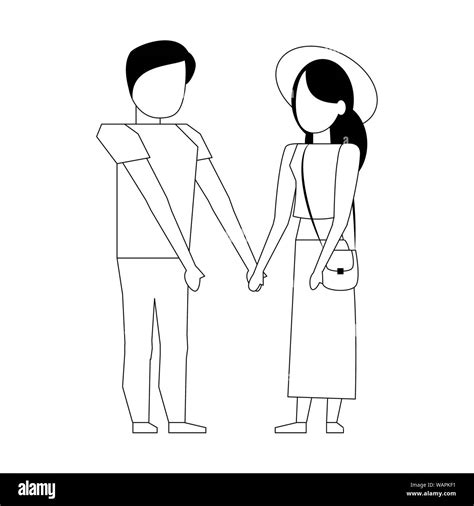 couple love young relationship cartoon in black and white Stock Vector ...