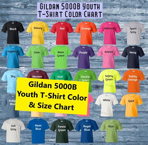 Gildan 5000B Youth T-shirt Colour Chart & Size Chart Template High Quality - Etsy