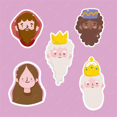 Premium Vector | Happy epiphany, joseph mary and three wise kings faces stickers