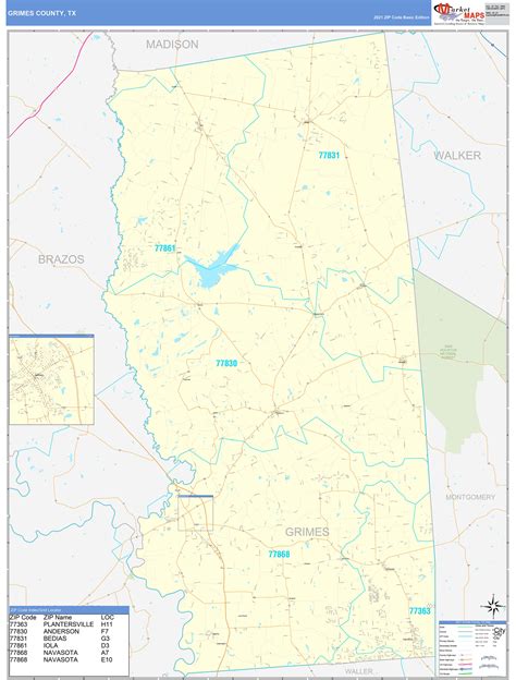 Grimes County, TX Zip Code Wall Map Basic Style by MarketMAPS - MapSales