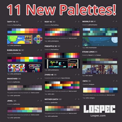 11 New Palettes added to the Lospec Palette List by AprilSyndae, PineTreePizza, RaySlynyrd and ...