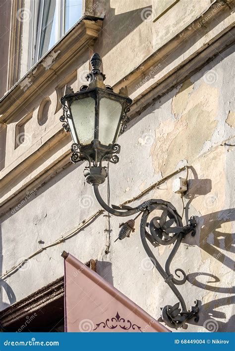 Old Vintage Retro Lamp Black Classic Look on the Wall of a House on One of the Streets of Lviv ...