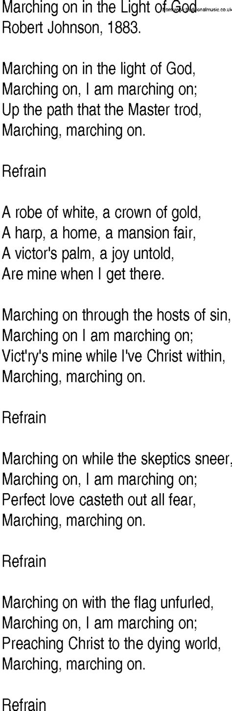 Hymn and Gospel Song Lyrics for Marching on in the Light of God by Robert Johnson