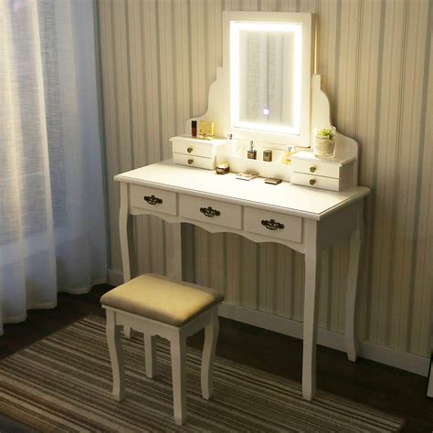 Buy ARTETHYS White Dressing Table with Mirror and Drawers Adjustable LED Light Design Makeup ...