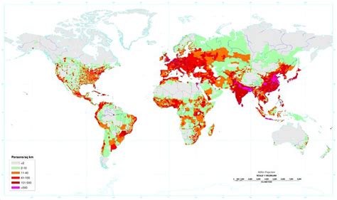 Population density (people per km2) map of the world in 1994. Red and pink areas denote regions ...