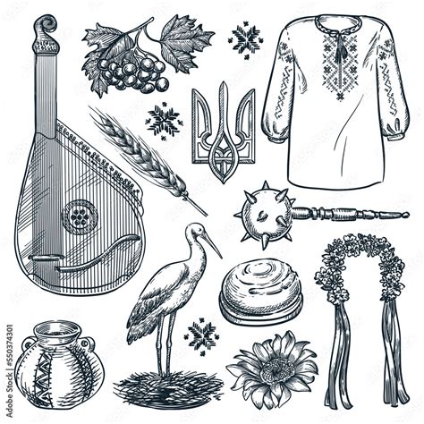 Ukrainian national symbols and icons. Vector hand drawn sketch ...