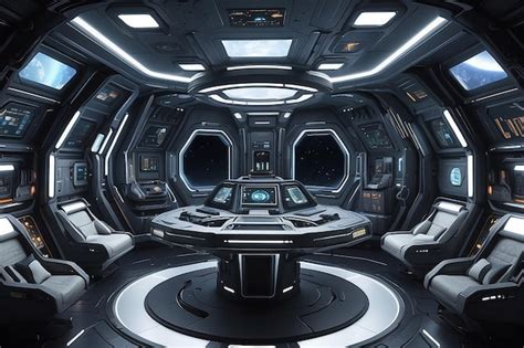 An interstellar spaceship interior with control panels sleeping ...