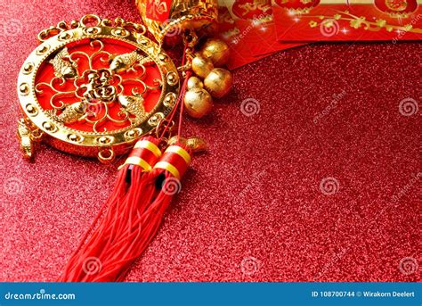 Chinese New Year Decorations and Auspicious Ornaments on Red Bokeh ...