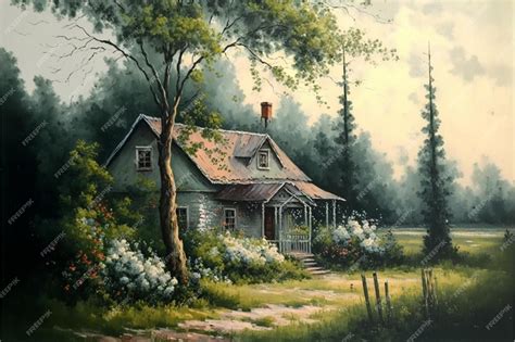 Premium AI Image | A painting of a house in the woods with a fence and ...