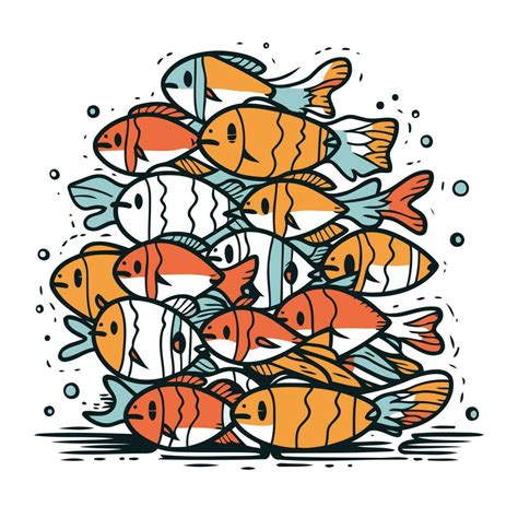 Cute hand drawn vector illustration of a group of fishes. Isolated ...