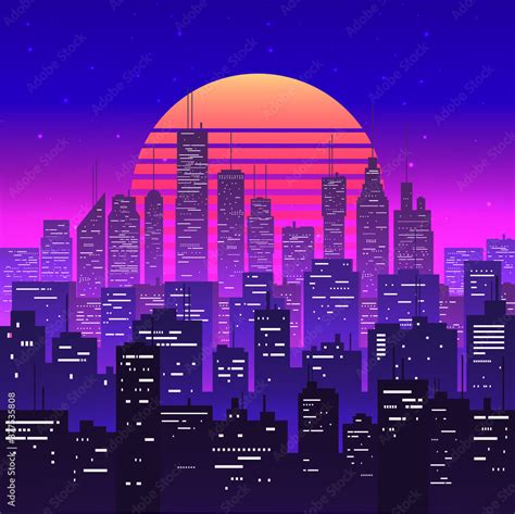 Night city landscape at purple neon retrowave or vaporwave aesthetic sunset. Skyscrapers ...