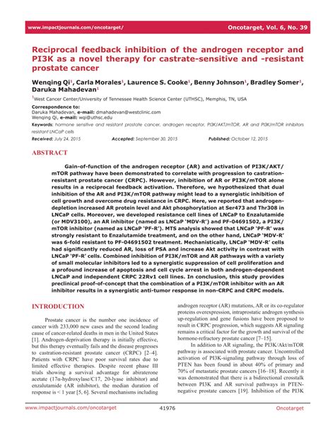 (PDF) Reciprocal feedback inhibition of the androgen receptor and PI3K as a novel therapy for ...