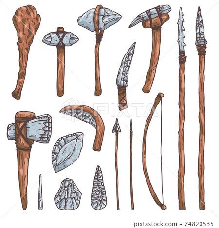 Stone tools and weapons of prehistoric man,... - Stock Illustration ...