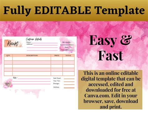 Printable Receipt Template Business CANVA Editable A6 - Etsy